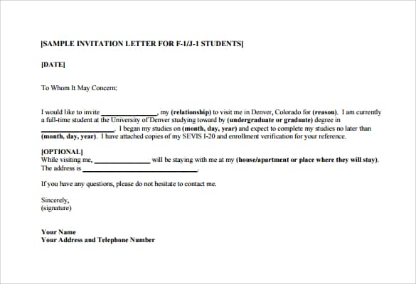 Invitation Visa Usa Sample Letter