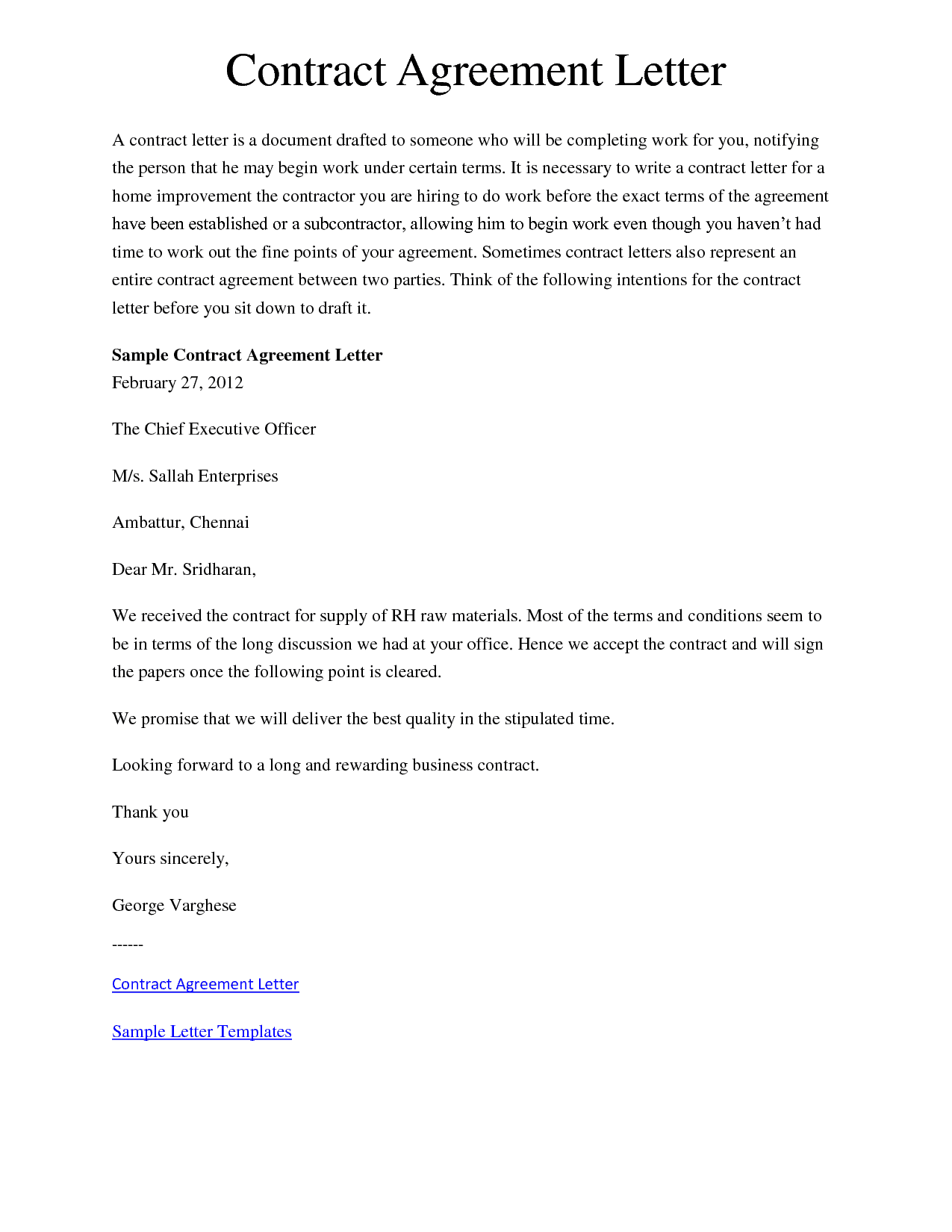 Sample Letter Of Agreement Between Two Parties from www.sampleletterword.com