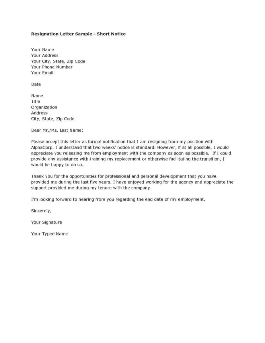 Example – Short Notice Resignation