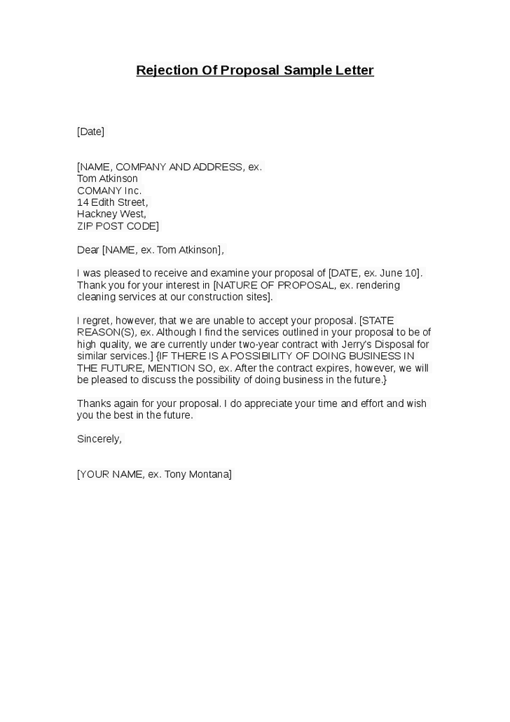 Proposal Rejection Letter Template