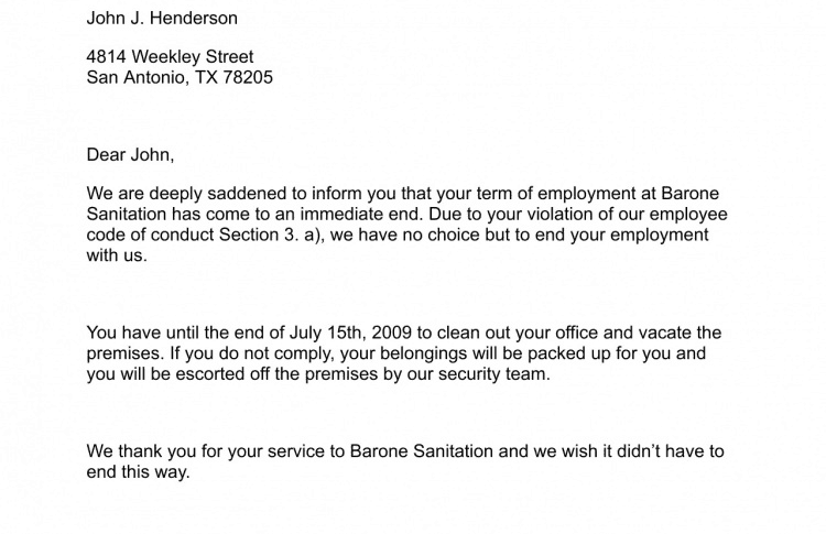 Employee Termination Of Employment Letter Sample