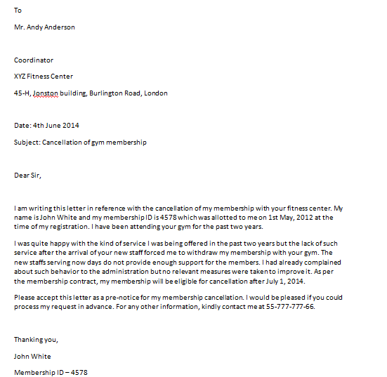 Sample Letter To Cancel Gym Membership from www.sampleletterword.com