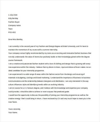 Fashion Internship Cover Letter Sample